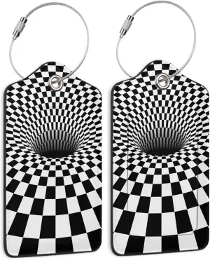 Luggage Tags Set of 2 Black White 3D Vortex Illusion Leather Suitcase Tags with Stainless Steel Loop and Privacy Cover for Women Men Travel Luggage Accessories