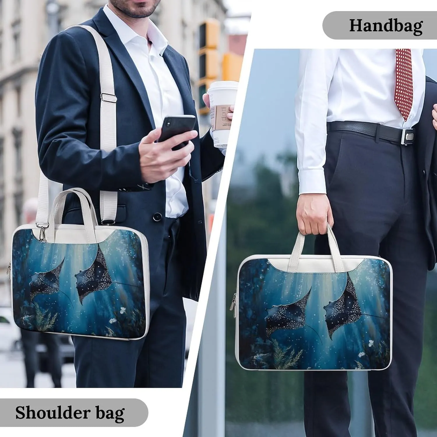 Manta Rays in The Ocean Leather Bag Laptop Case Slim Water Resistant Computer Bags with Handle Briefcase for Work