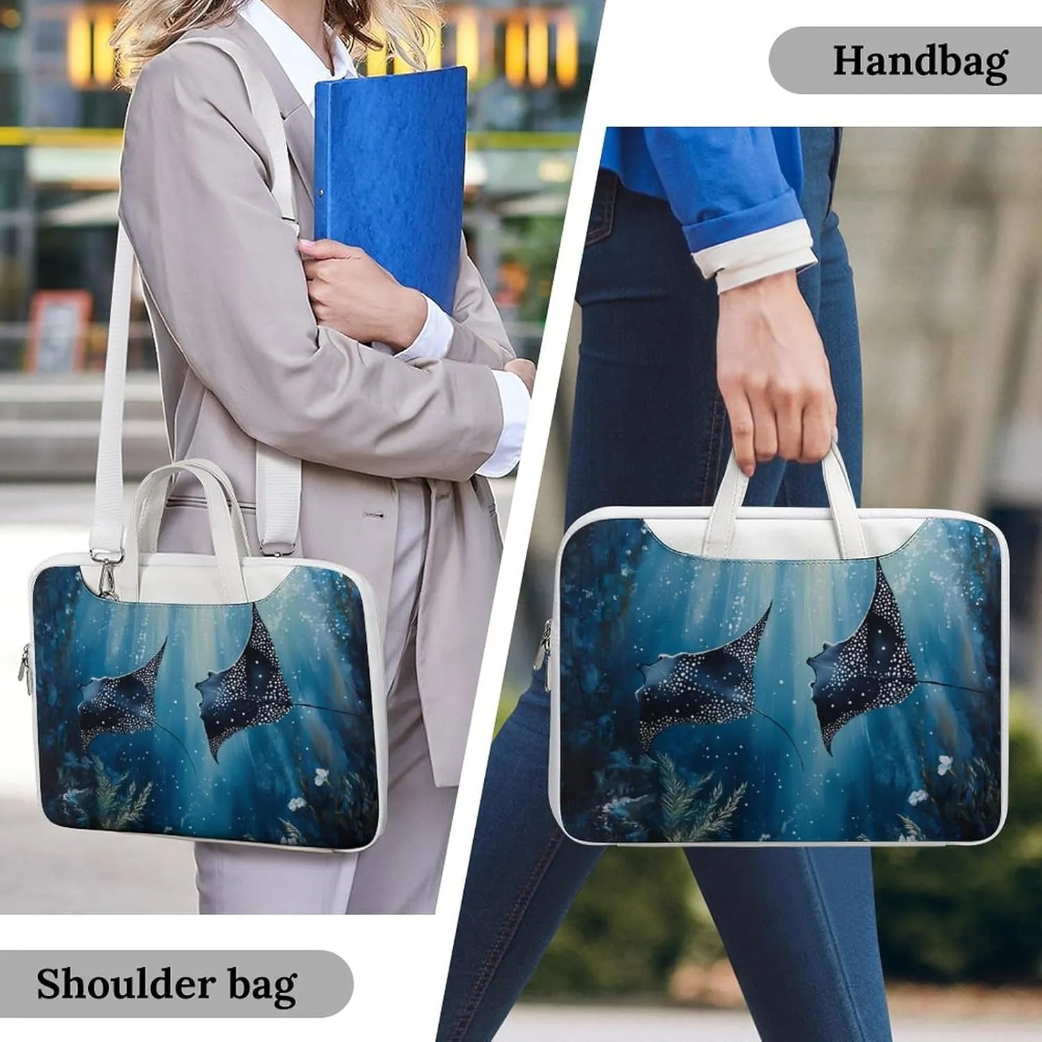 Manta Rays in The Ocean Leather Bag Laptop Case Slim Water Resistant Computer Bags with Handle Briefcase for Work