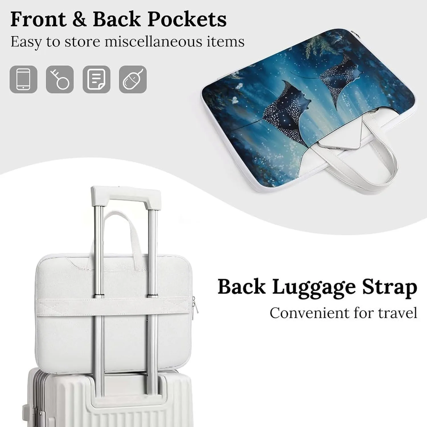 Manta Rays in The Ocean Leather Bag Laptop Case Slim Water Resistant Computer Bags with Handle Briefcase for Work