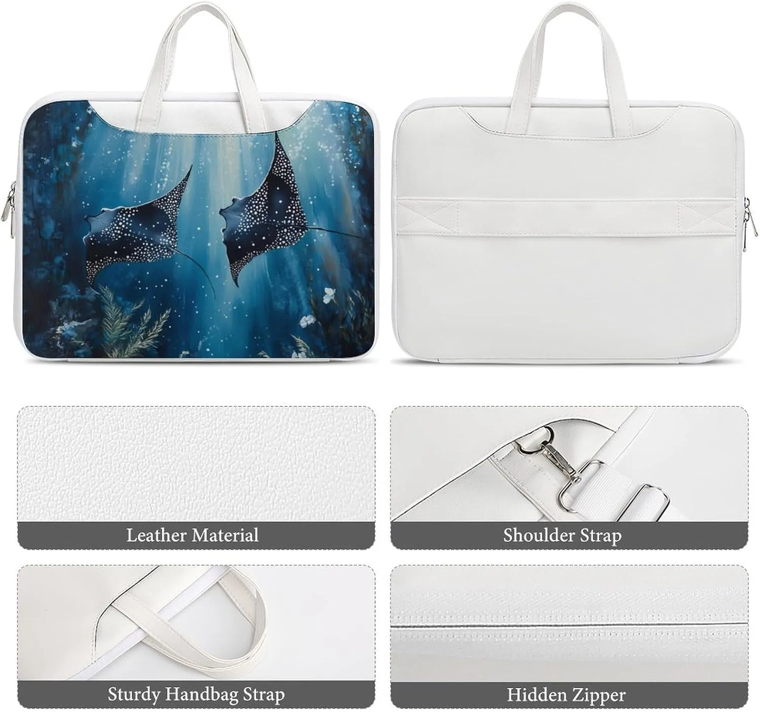 Manta Rays in The Ocean Leather Bag Laptop Case Slim Water Resistant Computer Bags with Handle Briefcase for Work