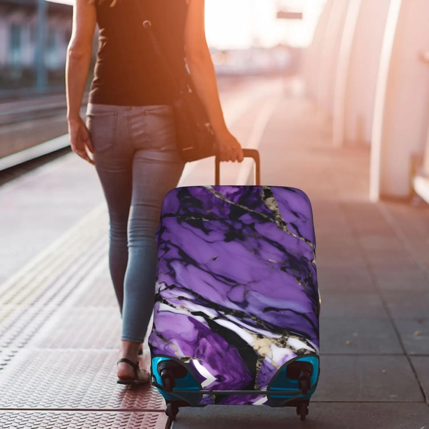 marble purple Print Protective Luggage Cover Elastic Washable Suitcase Protector Travel Gear Protector