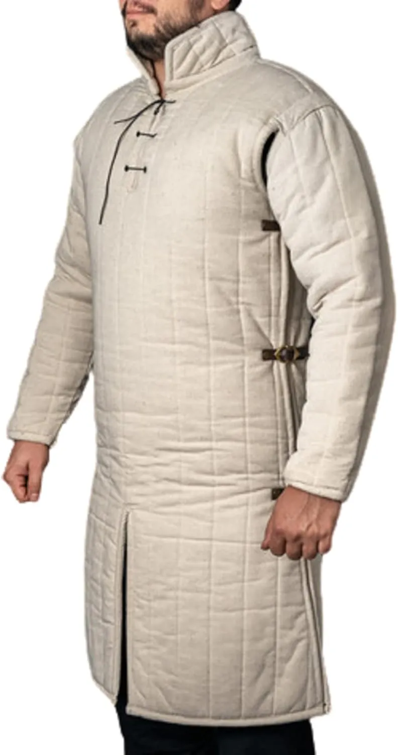 Medieval Thick Padded Full Sleeves Gambeson Coat Aketon Jacket Armor, White Cotton Fabric
