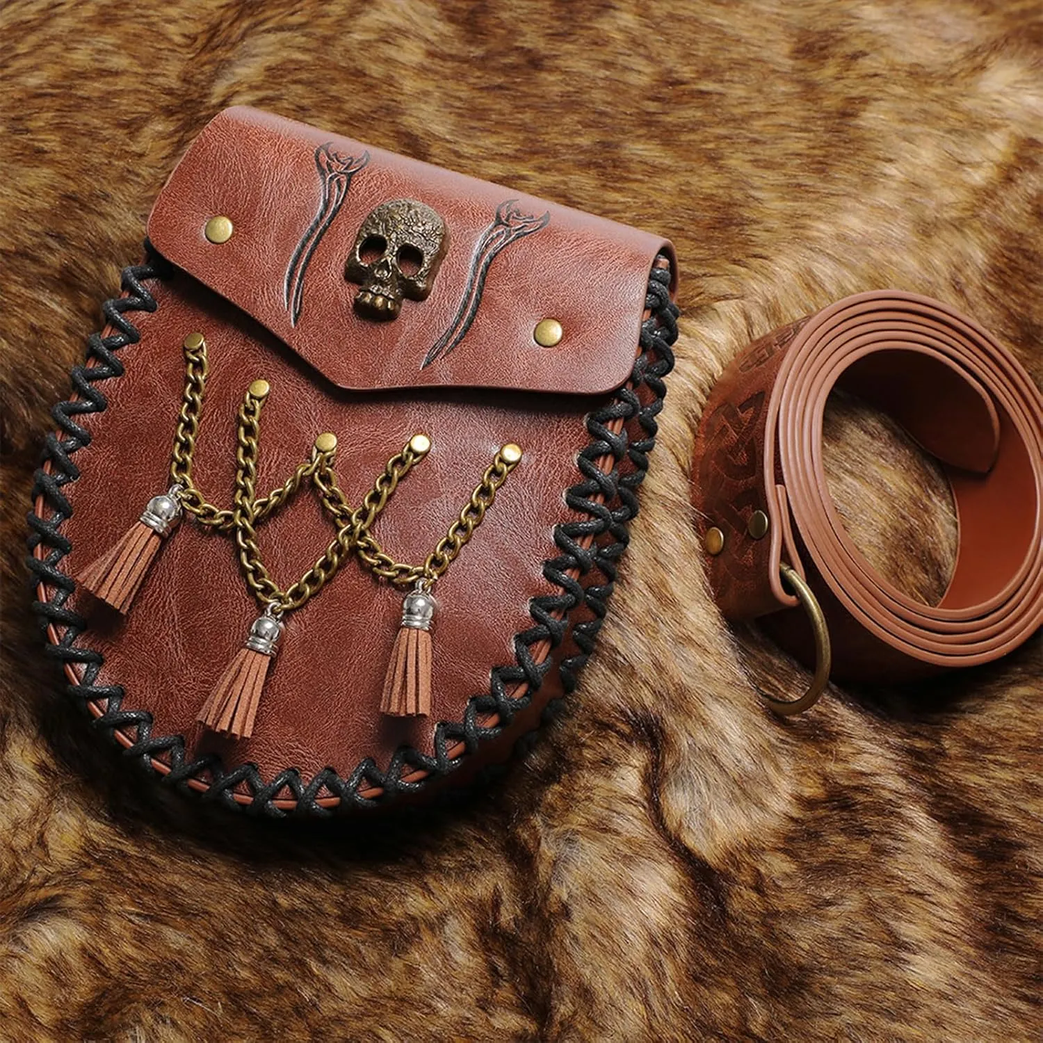 Medieval Waist Pack Leather Belt Pouches Waist Bag LARP Costume Accessories For Women Man Leather Fanny Pack Rena(FAS054BK)