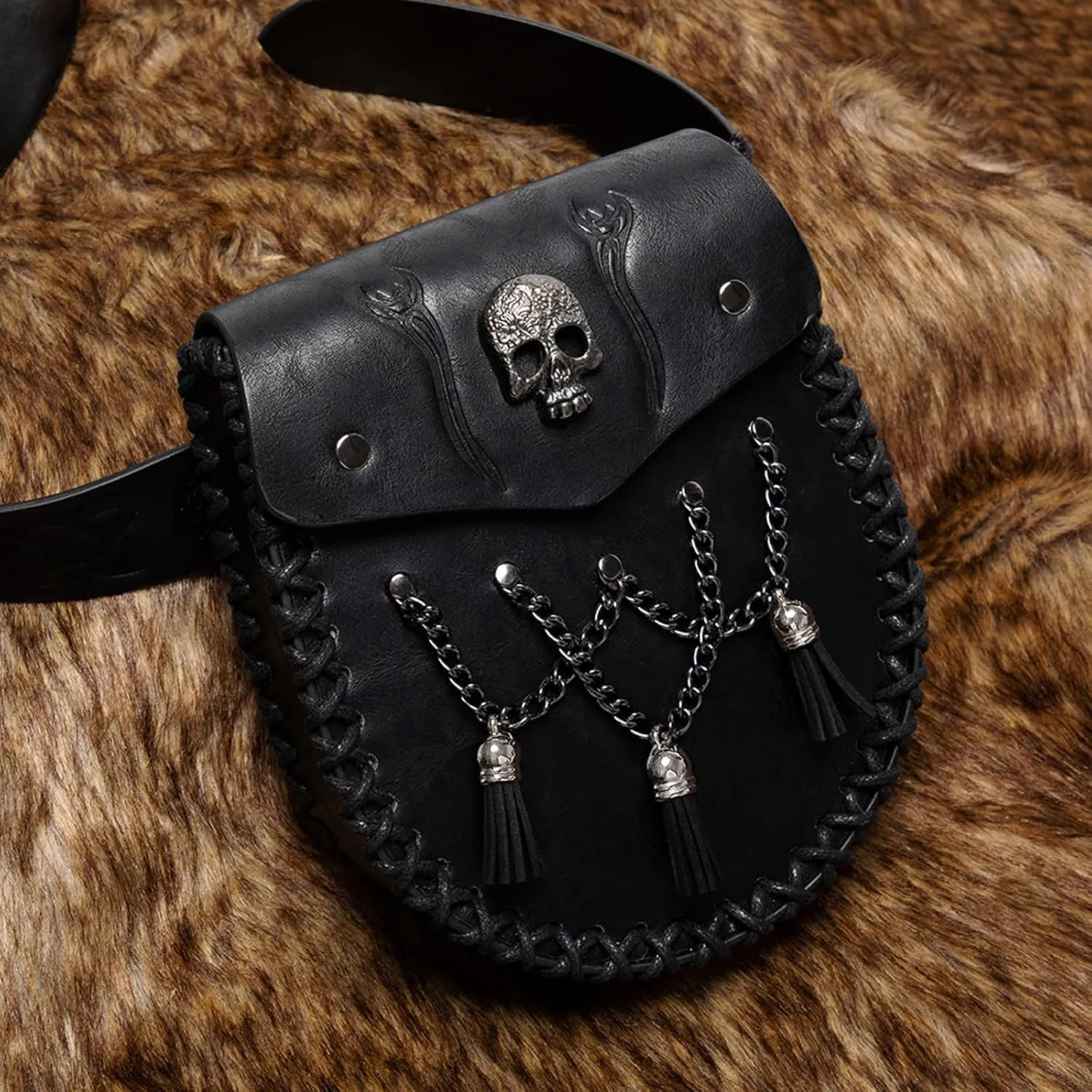 Medieval Waist Pack Leather Belt Pouches Waist Bag LARP Costume Accessories For Women Man Leather Fanny Pack Rena(FBG200BK)
