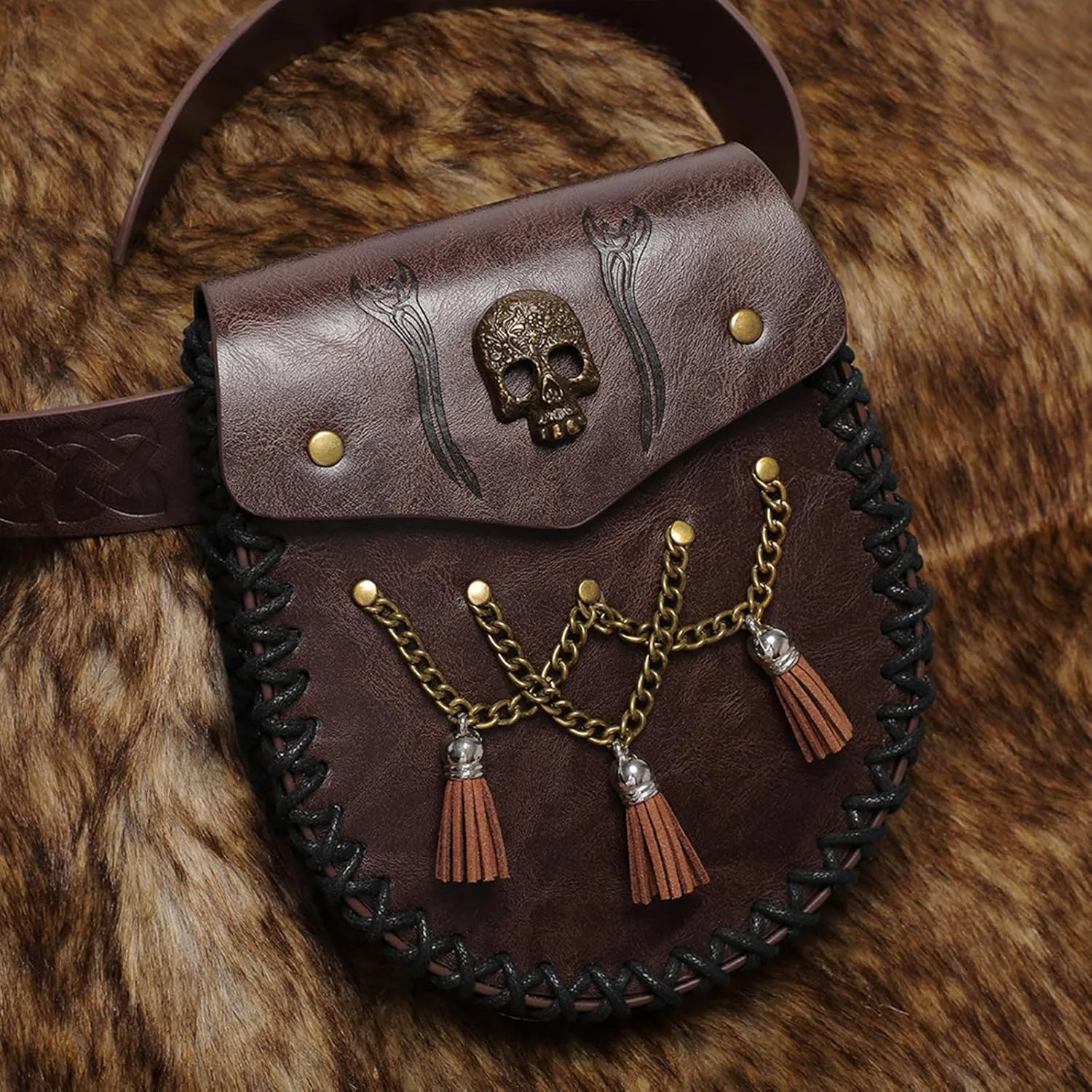 Medieval Waist Pack Leather Belt Pouches Waist Bag LARP Costume Accessories For Women Man Leather Fanny Pack Rena(FBG200BK)