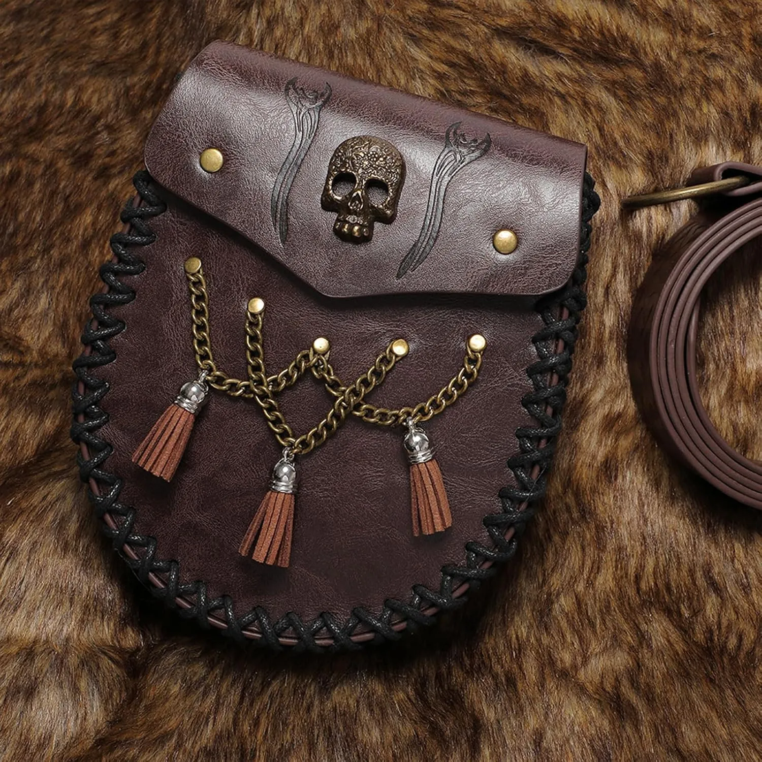 Medieval Waist Pack Leather Belt Pouches Waist Bag LARP Costume Accessories For Women Man Leather Fanny Pack Rena(FBG201BK)