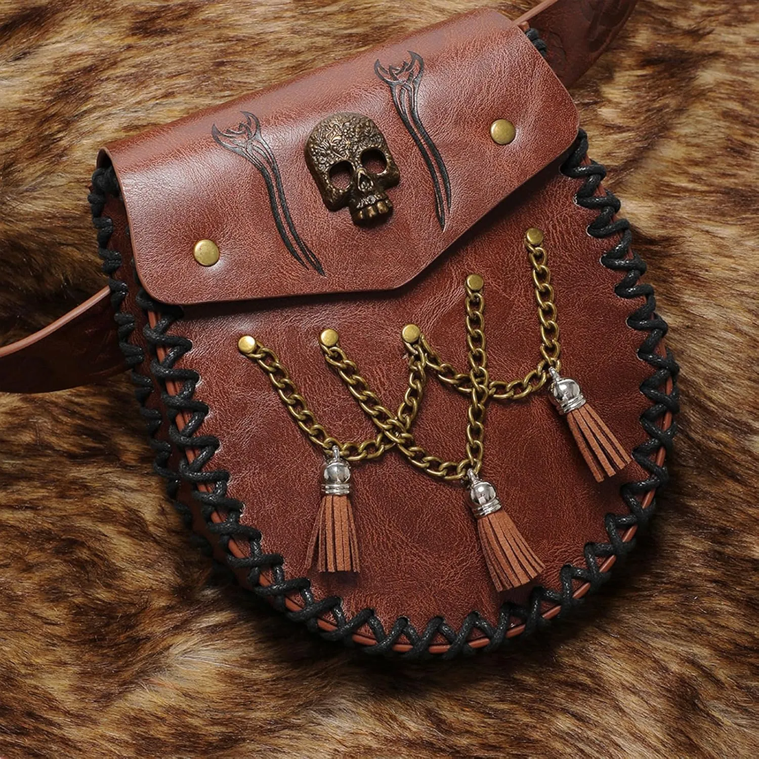 Medieval Waist Pack Leather Belt Pouches Waist Bag LARP Costume Accessories For Women Man Leather Fanny Pack Rena(FBG201BK)
