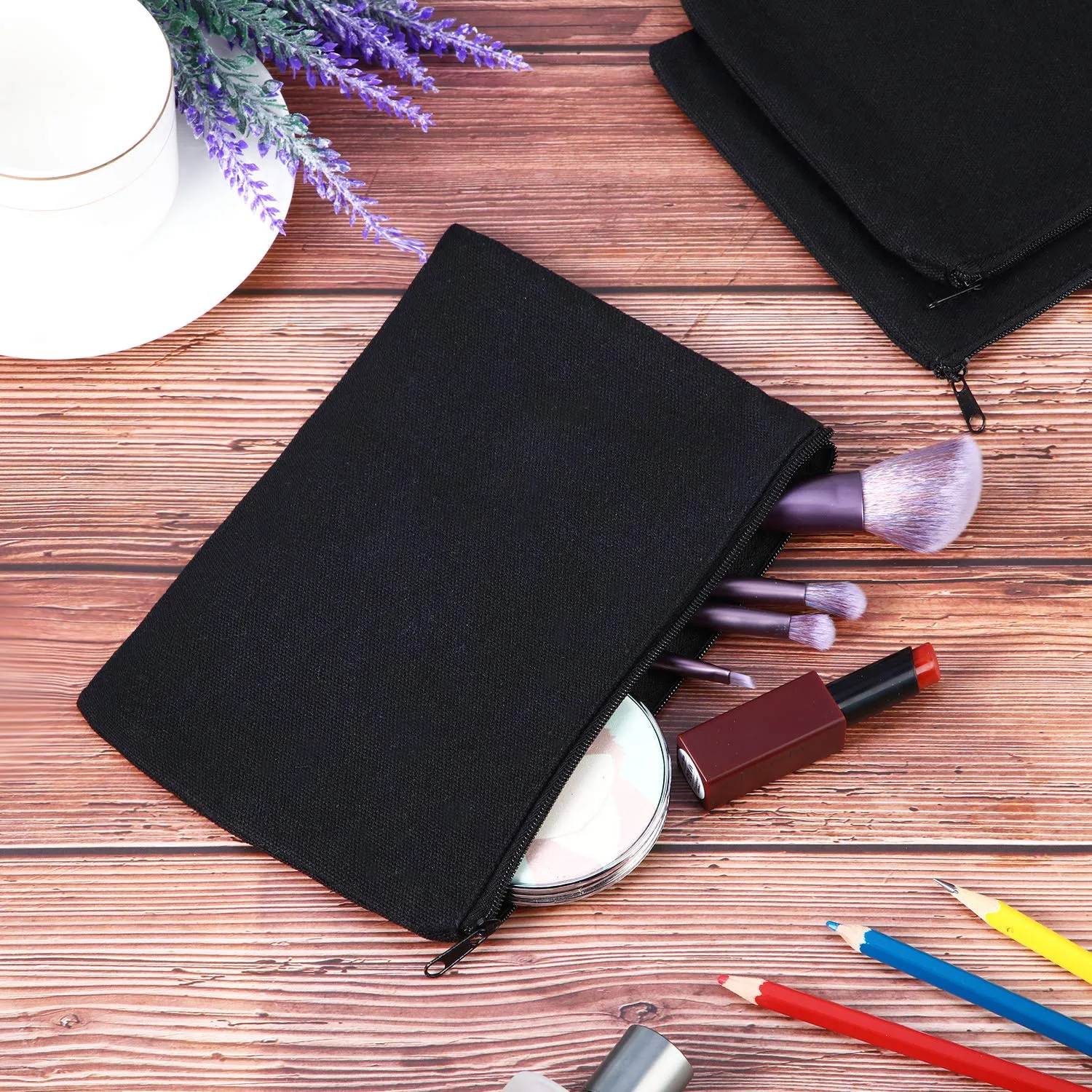 meekoo 16 Pack Canvas Blank Cosmetics Bag Multi-Purpose Zipper Canvas Makeup Pouches Travel Toiletry Pouches Pen Pencil Plain DIY Craft Bag(S,Black)