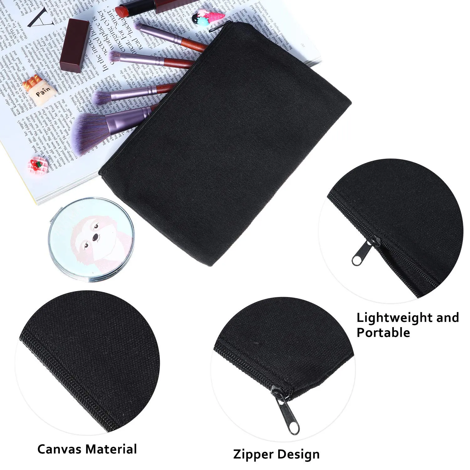 meekoo 16 Pack Canvas Blank Cosmetics Bag Multi-Purpose Zipper Canvas Makeup Pouches Travel Toiletry Pouches Pen Pencil Plain DIY Craft Bag(S,Black)