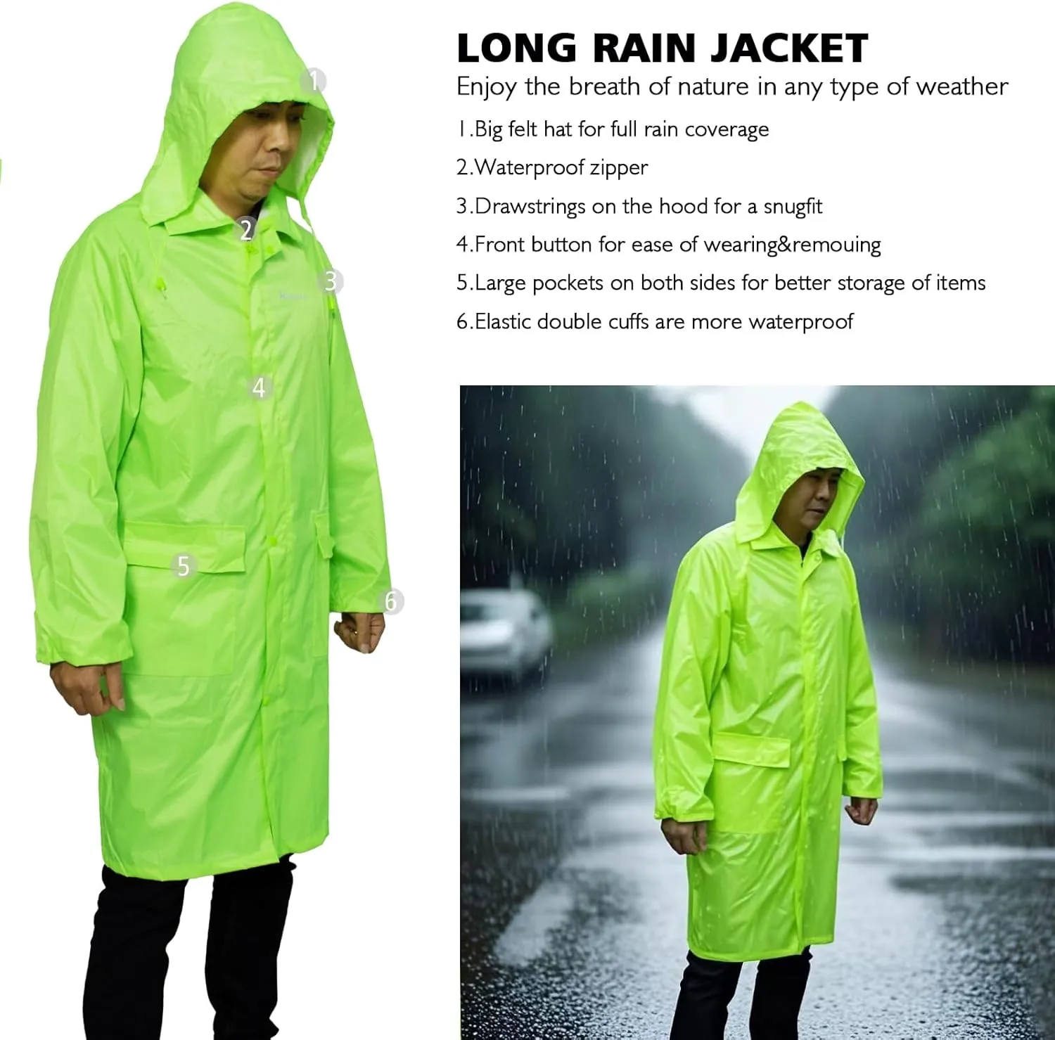 Men's Rain Jacket with Hood Waterproof Lightweight Long Safety Raincoat Rain Gear