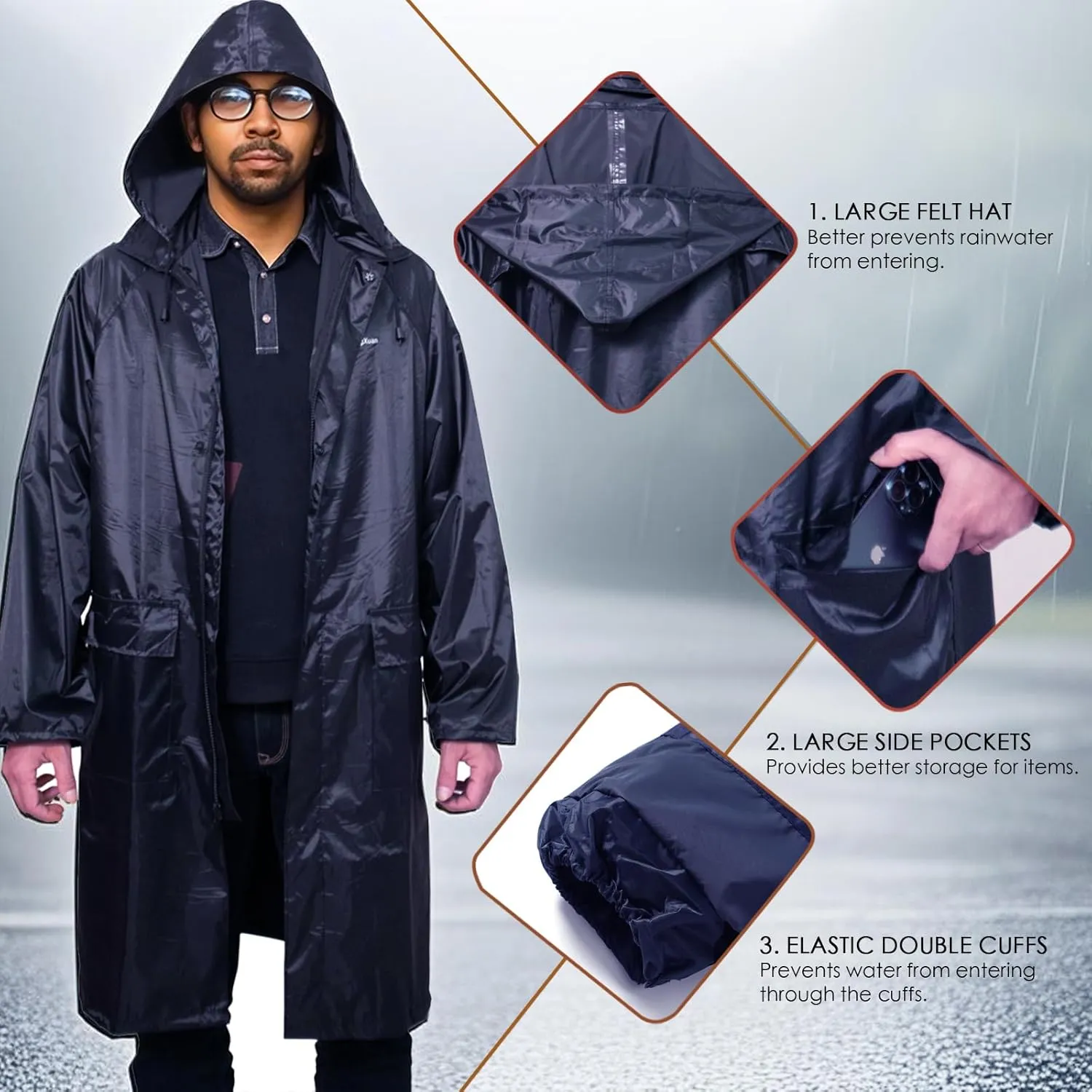 Men's Rain Jacket with Hood Waterproof Lightweight Long Safety Raincoat Rain Gear