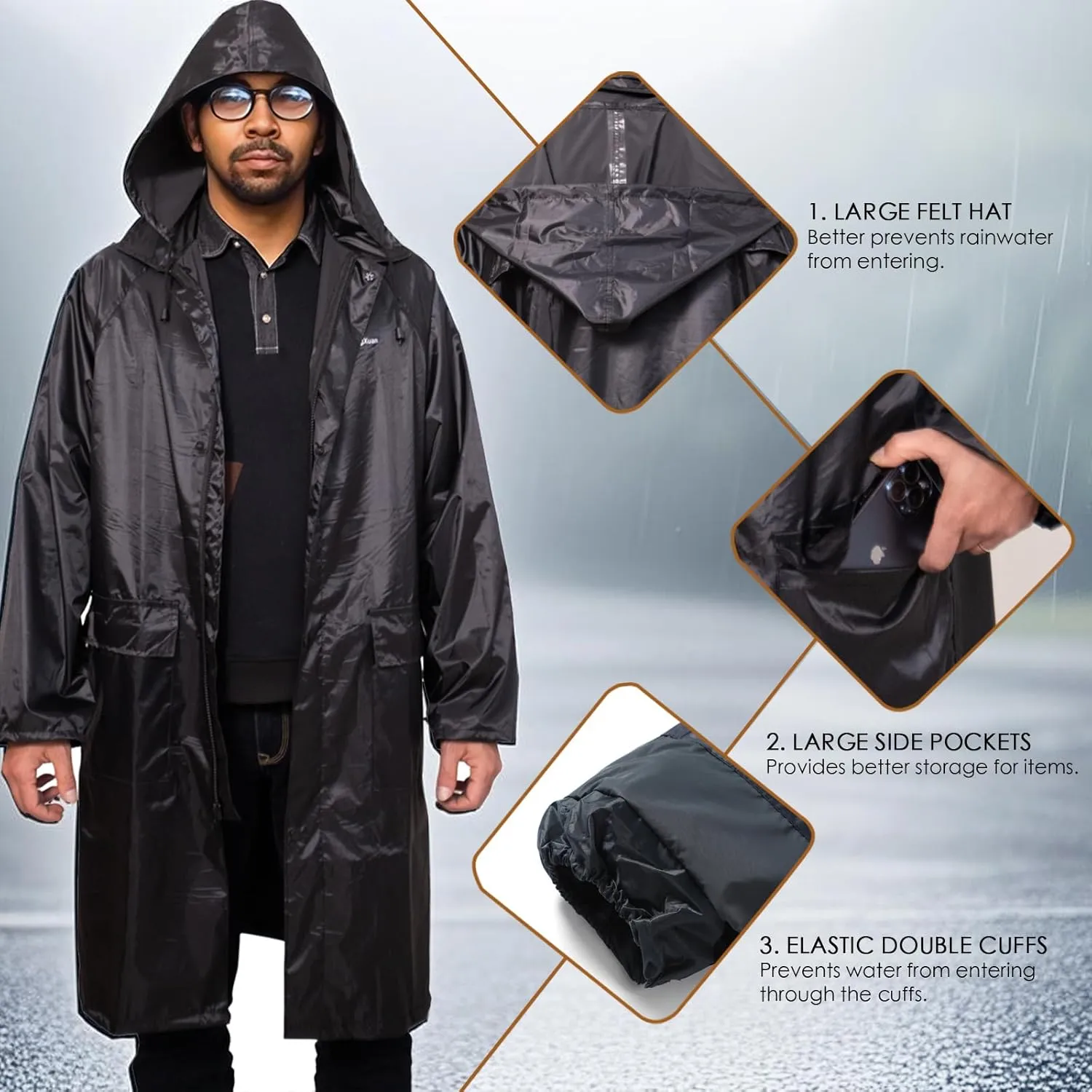 Men's Rain Jacket with Hood Waterproof Lightweight Long Safety Raincoat Rain Gear