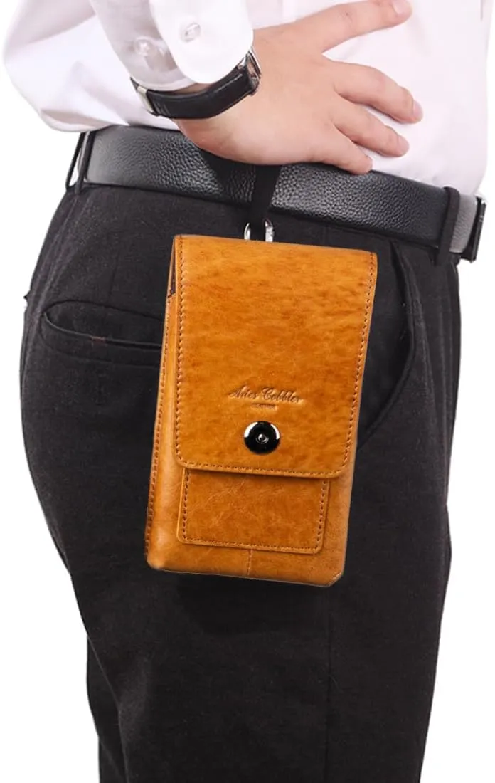 Men's Waist Belt Bag Leather Outdoor 6 inch Cellphone Pouch Business Casual Travel Silm Daypack Lightweight Brown