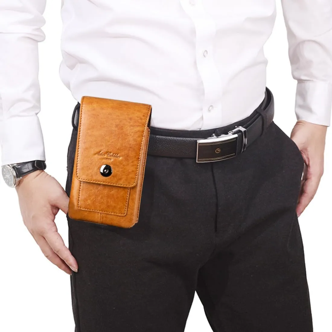 Men's Waist Belt Bag Leather Outdoor 6 inch Cellphone Pouch Business Casual Travel Silm Daypack Lightweight Brown