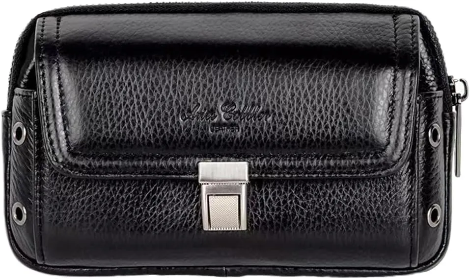 Men's Waist Belt Bag Leather Slim Business Outdoor Travel Cellphone Pouch Security Purse Daypack Lightweight Horizontal Black