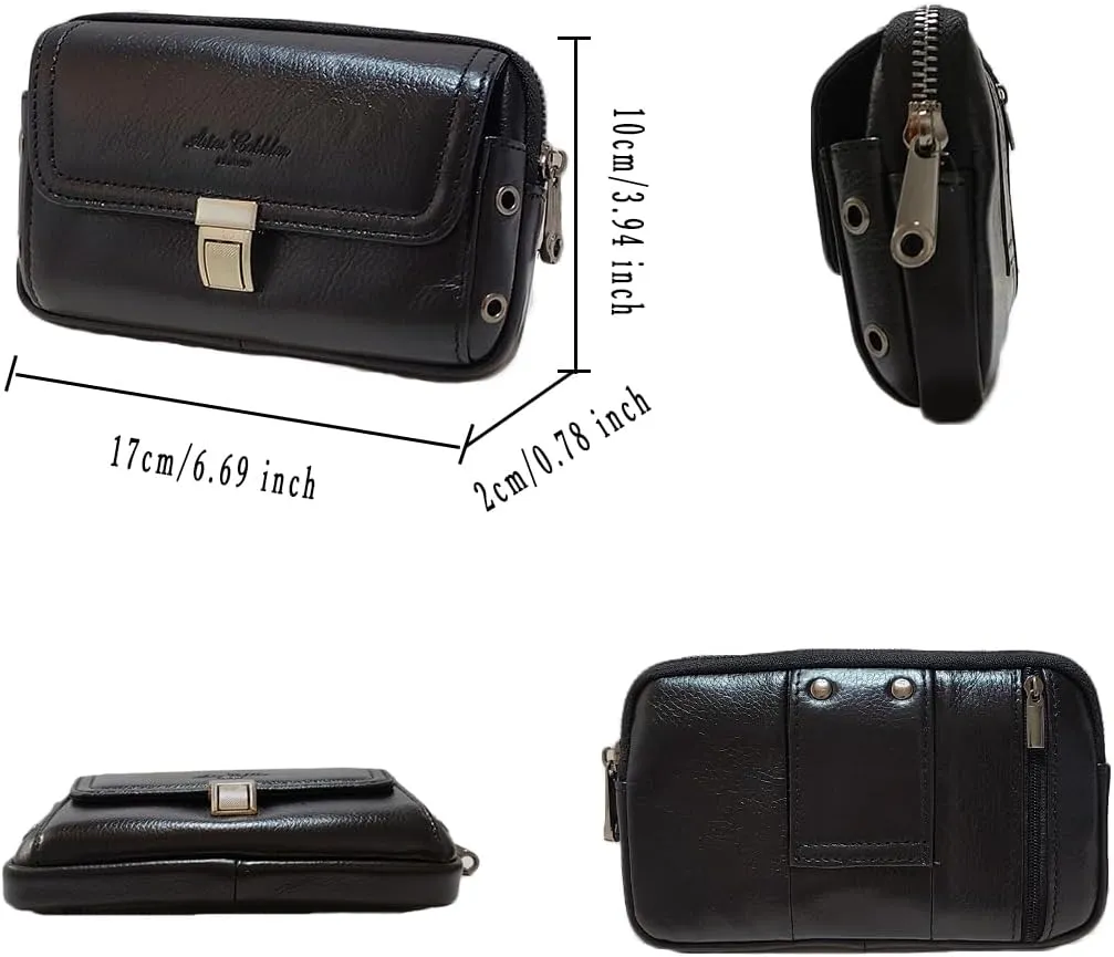 Men's Waist Belt Bag Leather Slim Business Outdoor Travel Cellphone Pouch Security Purse Daypack Lightweight Horizontal Black