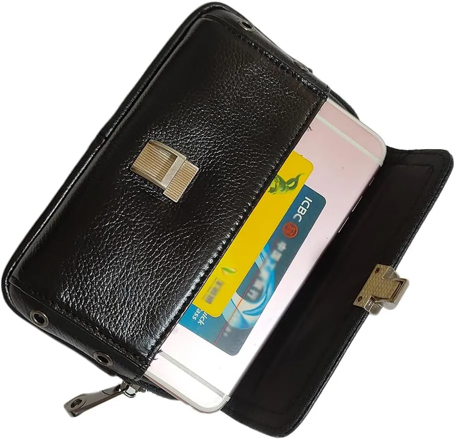 Men's Waist Belt Bag Leather Slim Business Outdoor Travel Cellphone Pouch Security Purse Daypack Lightweight Horizontal Black