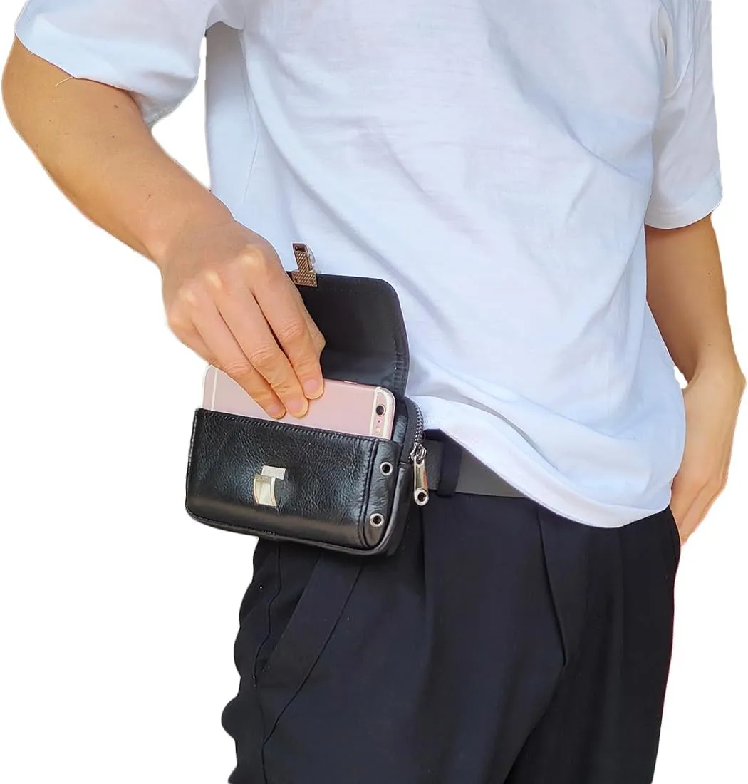 Men's Waist Belt Bag Leather Slim Business Outdoor Travel Cellphone Pouch Security Purse Daypack Lightweight Horizontal Black
