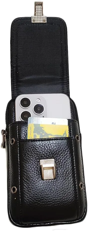 Men's Waist Belt Bag Leather Slim Business Outdoor Travel Cellphone Pouch Security Purse Daypack Lightweight Vertical Black