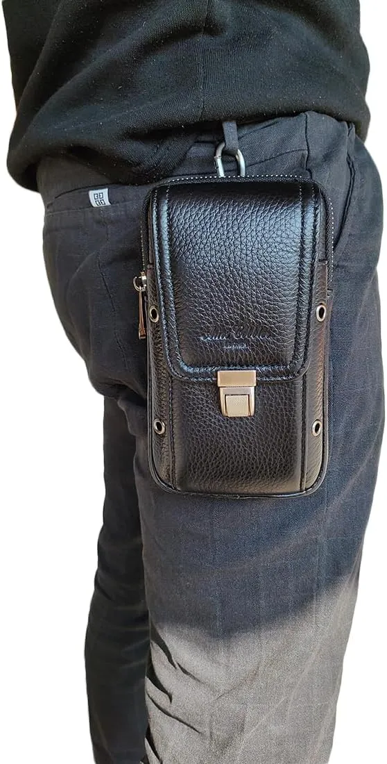 Men's Waist Belt Bag Leather Slim Business Outdoor Travel Cellphone Pouch Security Purse Daypack Lightweight Vertical Black