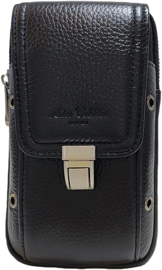 Men's Waist Belt Bag Leather Slim Business Outdoor Travel Cellphone Pouch Security Purse Daypack Lightweight Vertical Black