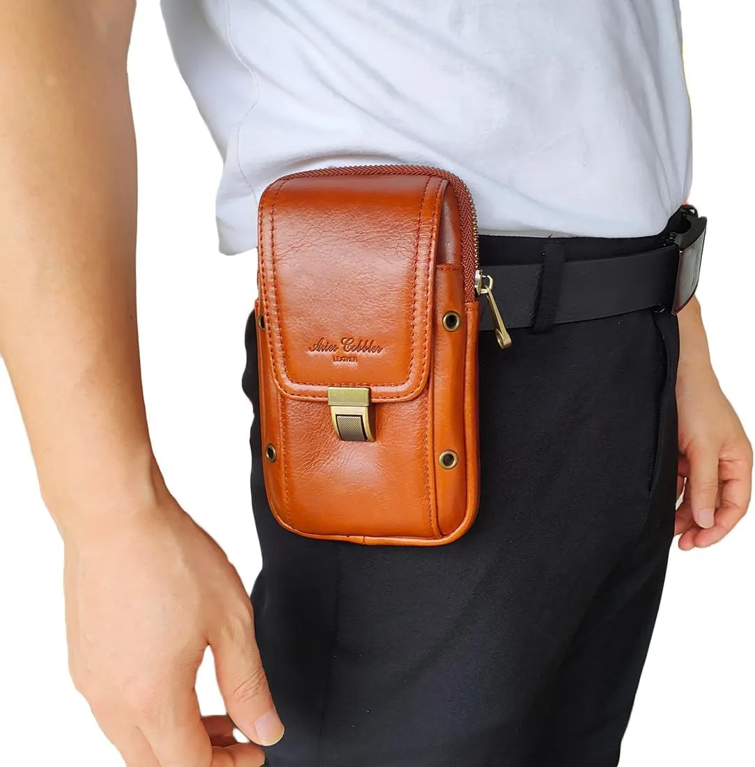 Men's Waist Belt Bag Leather Slim Business Outdoor Travel Cellphone Pouch Security Purse Daypack Lightweight Vertical Brown