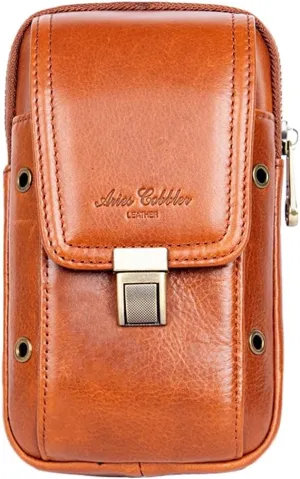 Men's Waist Belt Bag Leather Slim Business Outdoor Travel Cellphone Pouch Security Purse Daypack Lightweight Vertical Brown