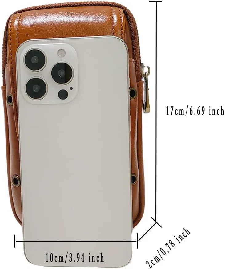 Men's Waist Belt Bag Leather Slim Business Outdoor Travel Cellphone Pouch Security Purse Daypack Lightweight Vertical Brown