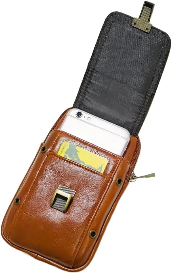 Men's Waist Belt Bag Leather Slim Business Outdoor Travel Cellphone Pouch Security Purse Daypack Lightweight Vertical Brown