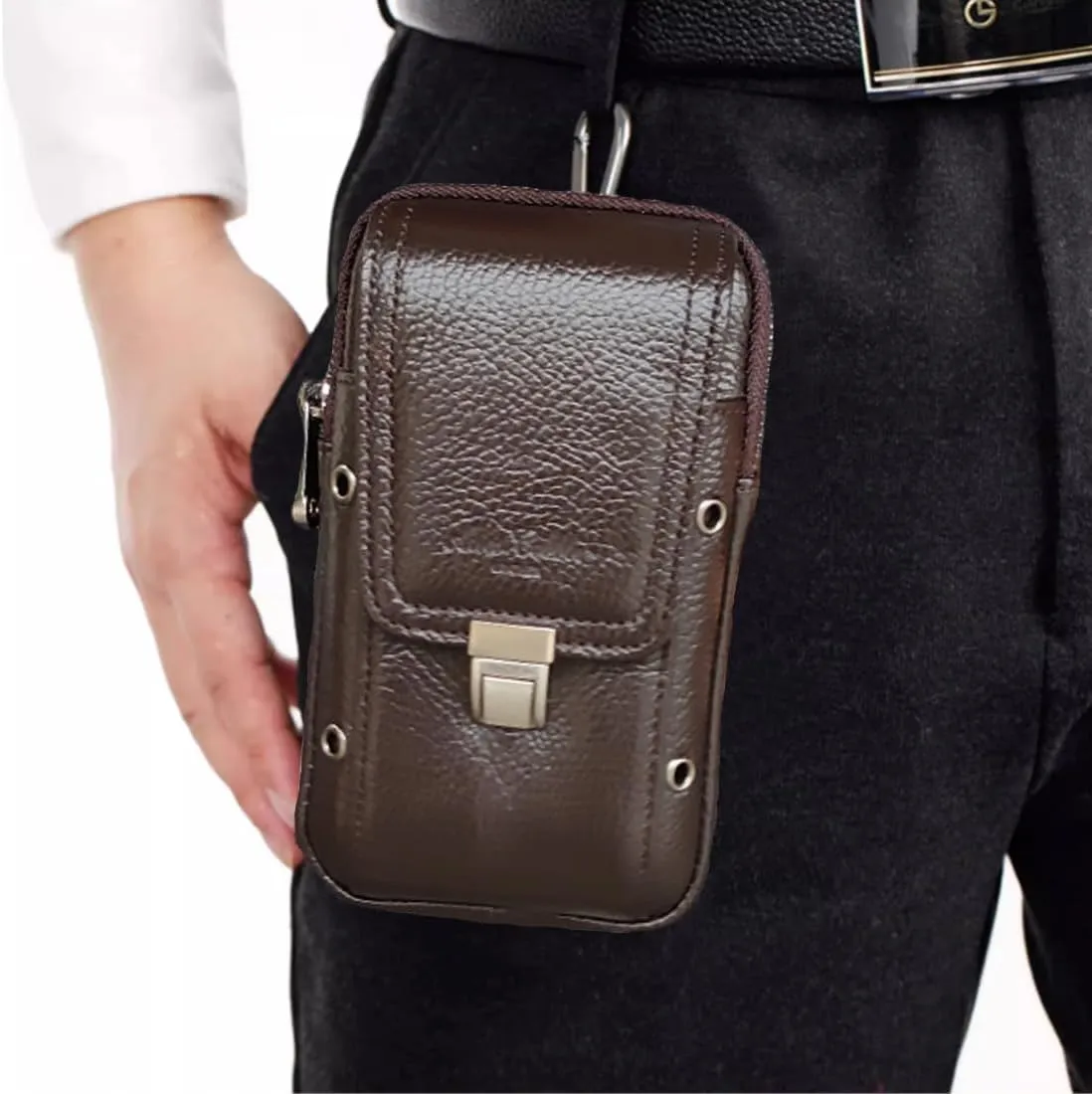 Men's Waist Belt Bag Leather Slim Business Outdoor Travel Cellphone Pouch Security Purse Daypack Lightweight Vertical Coffee