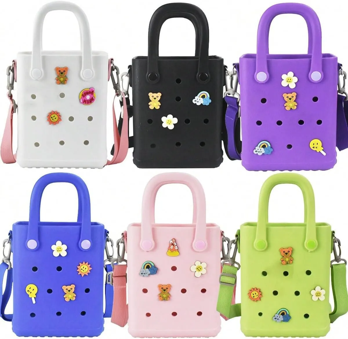 Mini Rubber Beach Bag with Strap & Charms, Waterproof EVA Beach Bag for Girls, Small Rubber Tote Bag for Women
