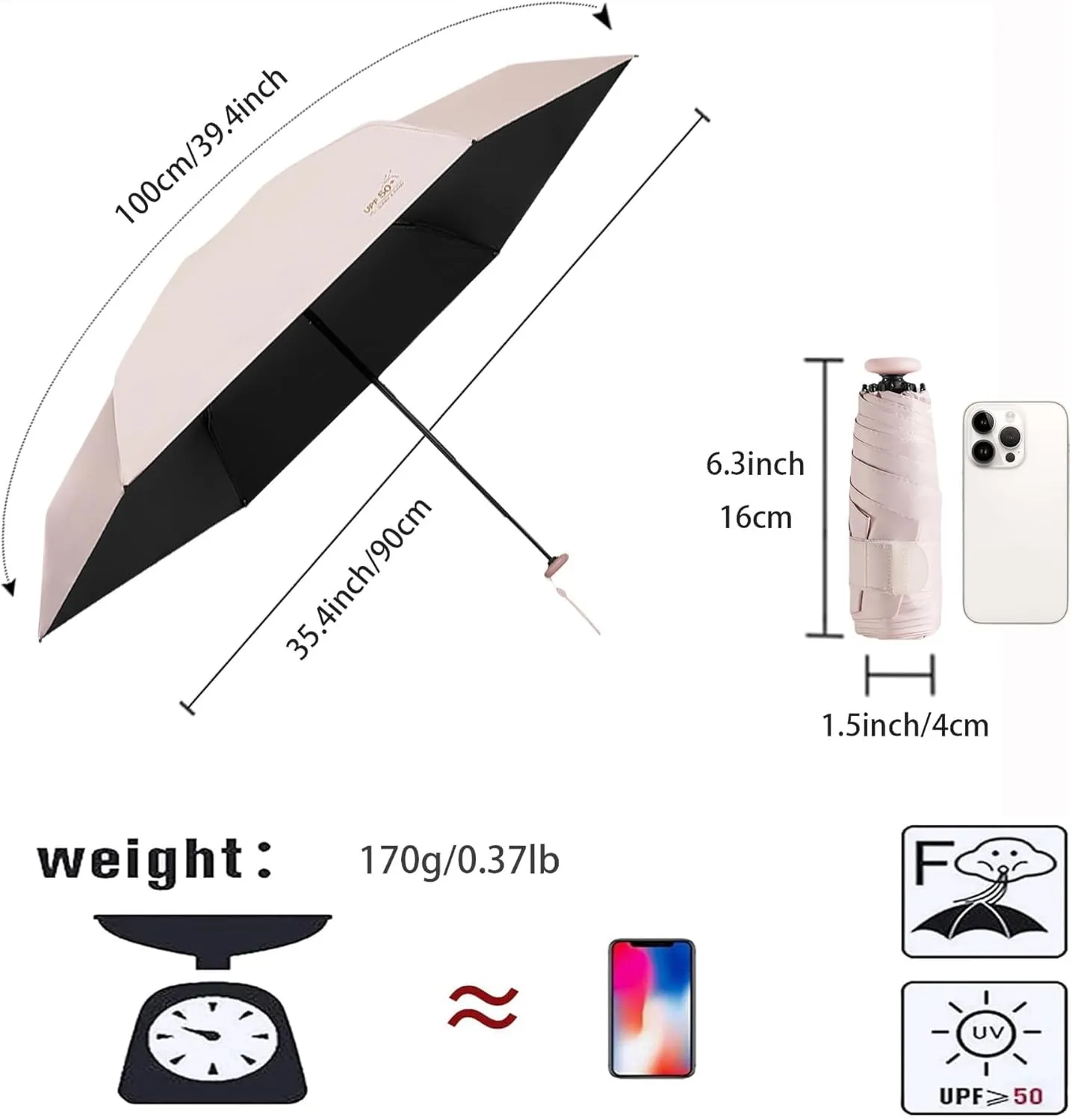 Mini Sun Travel UV Umbrella Anti UPF 50 Protection 99.9% Micro handle Coating Layer Fabric Compact/Lightweight Small Portable Backpack/Folding Purse Pocket Umbrella Rain/Blocking/Men Women Kids