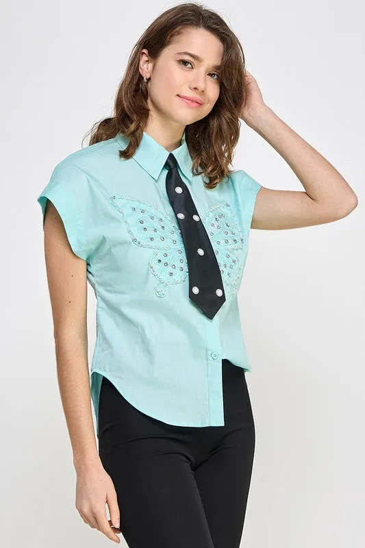 Mint Rhinestone Detail Neck Tie Shirt