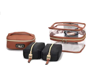 MKF 4PCS Stylish Cosmetic Bag Portable Makeup Travel Organizer Case Black Cognac