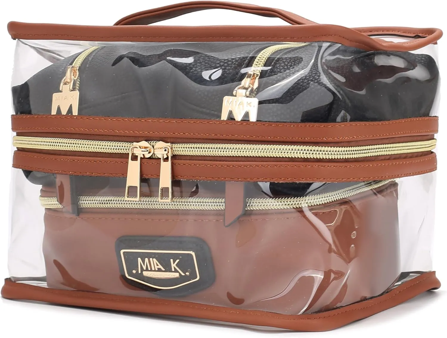 MKF 4PCS Stylish Cosmetic Bag Portable Makeup Travel Organizer Case Black Cognac