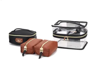 MKF 4PCS Stylish Cosmetic Bag Portable Makeup Travel Organizer Case Cognac Black