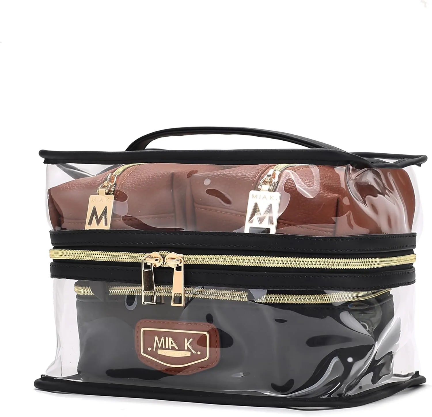 MKF 4PCS Stylish Cosmetic Bag Portable Makeup Travel Organizer Case Cognac Black