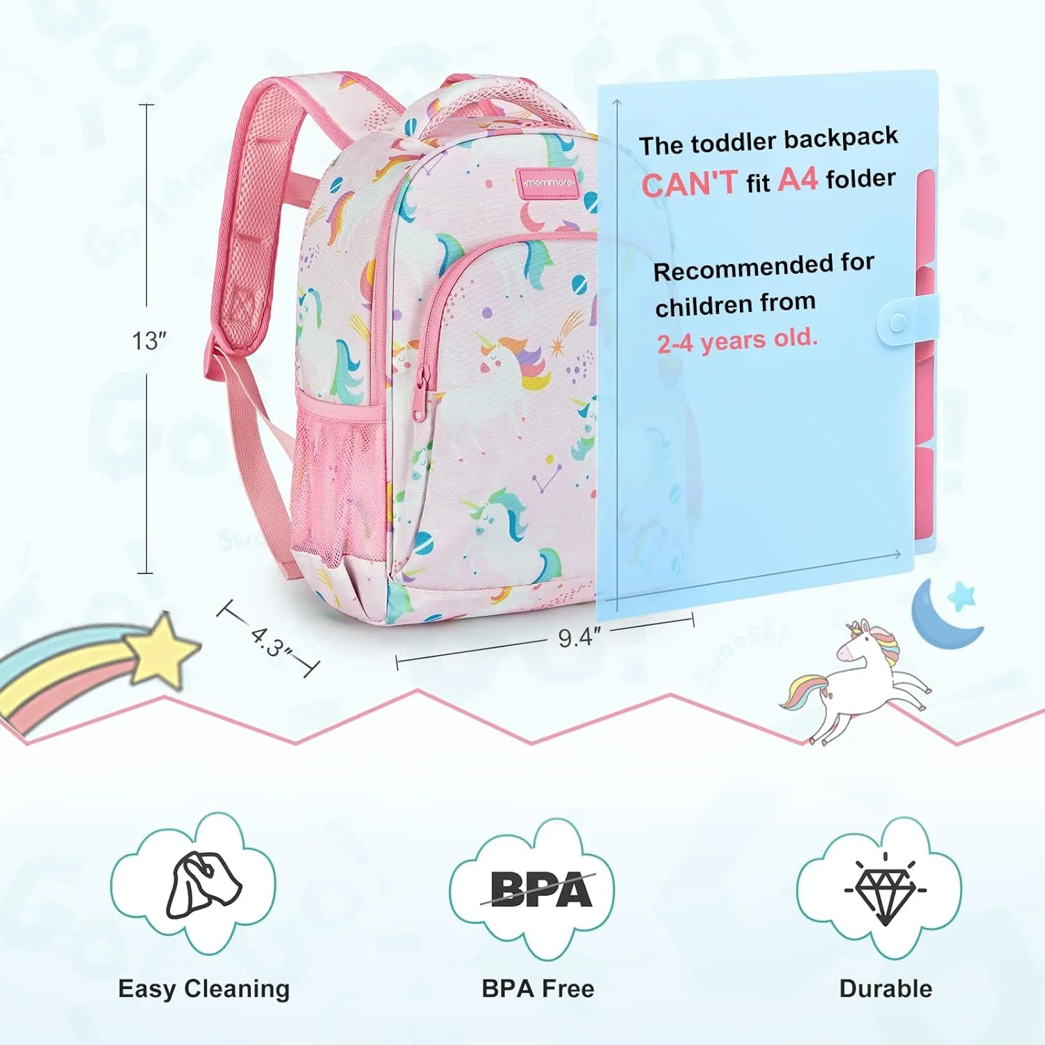 mommore Toddler Backpack, Unicorn Backpack for Girls Age 2-4 Preschool Backpack Daycare Backpack with Chest Strap Water Resistant, pink
