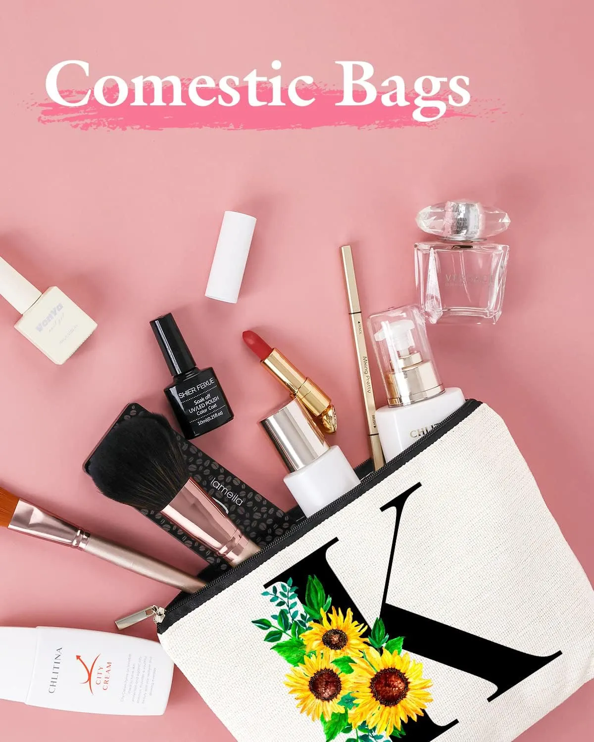 Monogrammed Makeup Bag for Women, Small Personalized Cosmetic Make Up Toiletry Pouch for Purse with Trendy Aesthetic Design, Ideal Travel Period Gift for Friends Bridesmaids