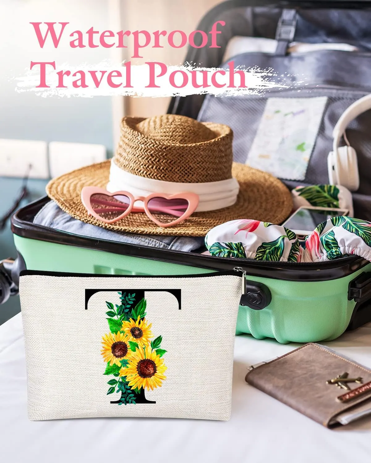 Monogrammed Makeup Bag for Women, Small Personalized Cosmetic Make Up Toiletry Pouch for Purse with Trendy Aesthetic Design, Ideal Travel Period Gift for Friends Bridesmaids