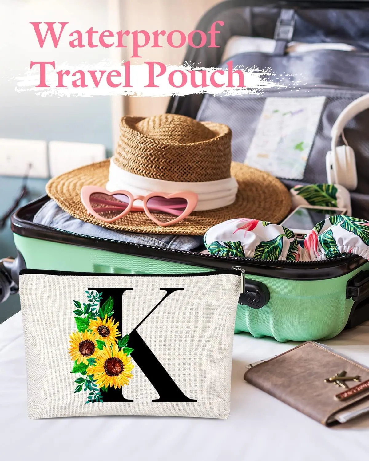 Monogrammed Makeup Bag for Women, Small Personalized Cosmetic Make Up Toiletry Pouch for Purse with Trendy Aesthetic Design, Ideal Travel Period Gift for Friends Bridesmaids