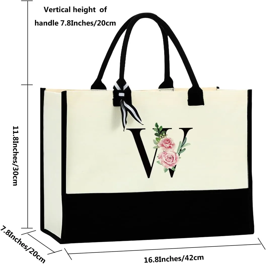 Monogrammed Tote Bags Floral Letter Initial Bag Personalized Beach Bag Monogrammed Gifts for Women Bridesmaids Wedding