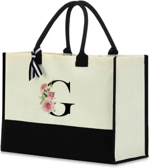 Monogrammed Tote Bags Floral Letter Initial Bag Personalized Beach Bag Monogrammed Gifts for Women Bridesmaids Wedding