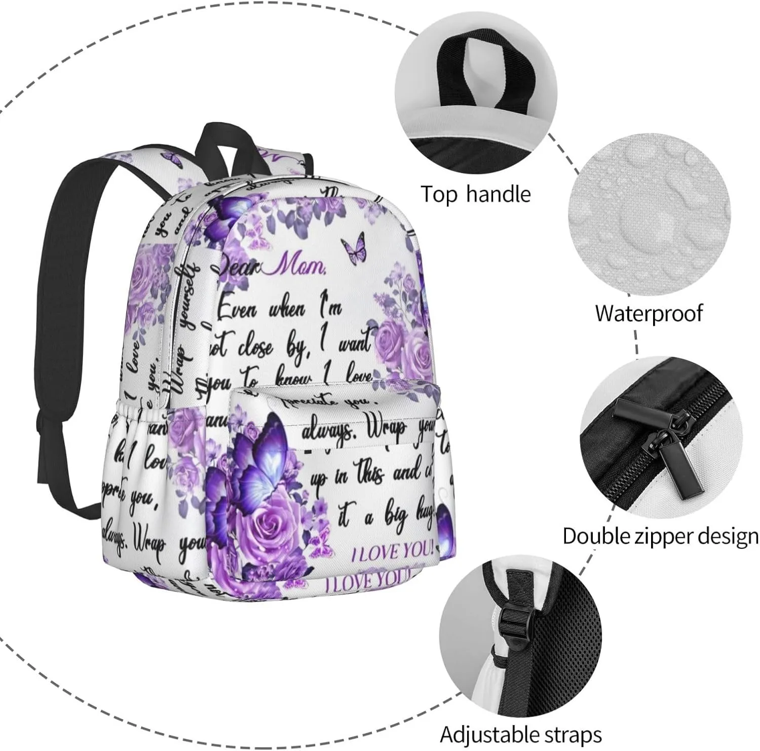 Mother's Day A Letter to My Mother Backpack Double Shoulder Bag 15 Inch Laptop Bagpacks for Hiking Work Camping Travel