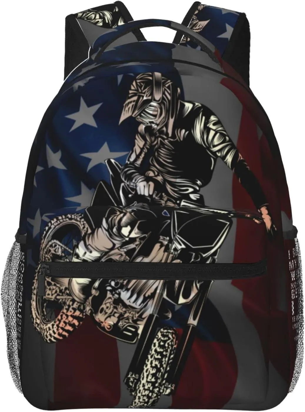 Motocross Dirt Bike American Flag Backpack Motorcycle Biker Double Shoulder Bag Laptop Bagpack for Men Women Bookbag for Work Camping Travel