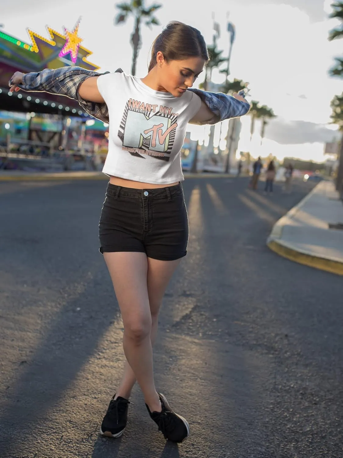 MTV T Shirt I Want My MTV Ladies Short Sleeve Crop Top T Shirts Vintage Style Graphic Tees Womens Summer Tops