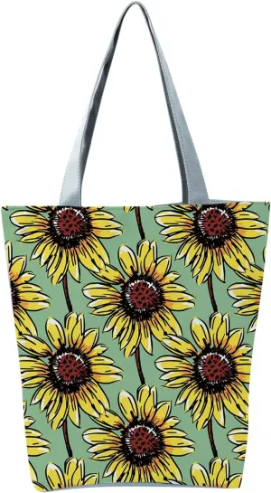New Women's Slouchy Large Capacity Zippered Sunflower Printed Shoulder Bag Shoulder Tote Bag for Women (One Size)