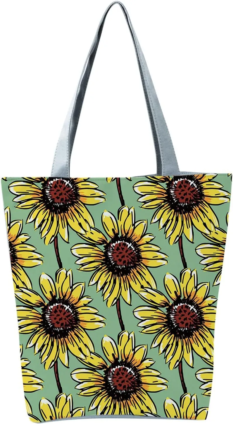 New Women's Slouchy Large Capacity Zippered Sunflower Printed Shoulder Bag Shoulder Tote Bag for Women (One Size)