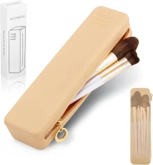 Nuomeisi Silicone Makeup Brush Holder Travel Cosmetic Bag: Soft Portable Cosmetic Face Brushes Organiser with Upgrade Anti-Fall Off Zipper, Large Capacity Travel Makeup Brush Case - Khaki
